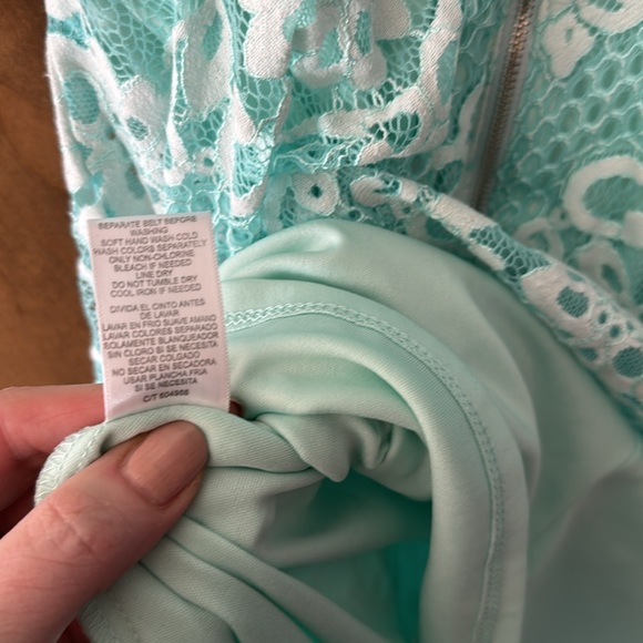 Dannyand Nicole teal blue dress with lace. Size 2P - Picture 9 of 10